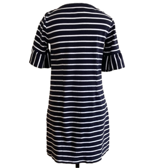 TALBOTS 100% cotton ruffle bell sleeve navy with white stripes shift dre… - Picture 2 of 7